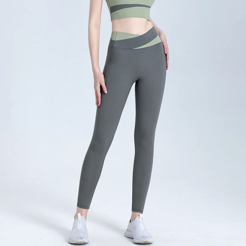 

Professional yoga pants women's high waist cross fitness leggings elastic nude color matching and thin sports trousers
