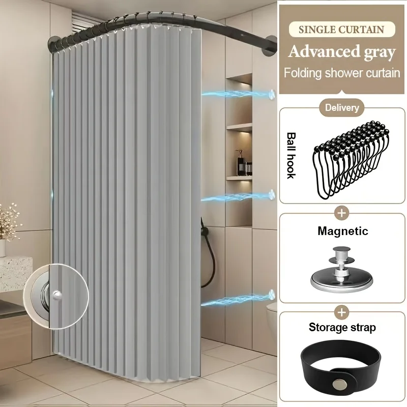 Foldable Magnetic Shower Curtain Waterproof Privacy Bathroom Curtain Modern Stylish Shower Curtain for Apartment Hotel Guest Bat