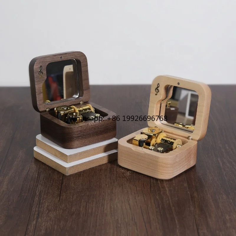 

Natural Wooden Music Box Gold-Plated Sankyo Movement Wind Square Musical Mirror Christmas Birthday Valentine's Day Custom Logo f