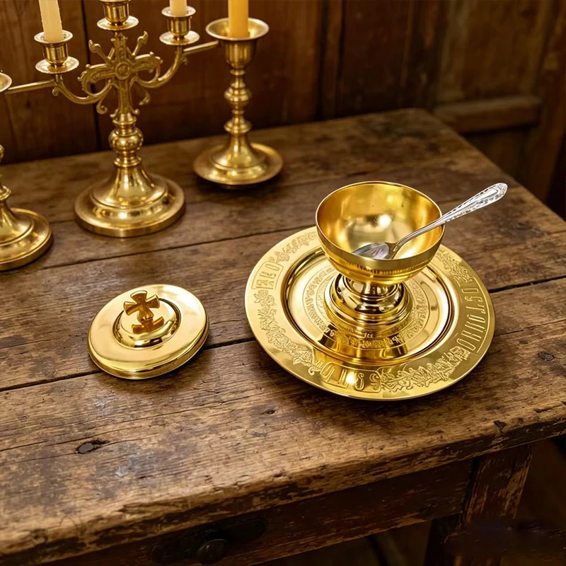 Vintage Gold Plated Orthodox Holy Communion Chalice Set with Lid Spoon Paten for Church Liturgy Home Altar Prayer Christian Gift