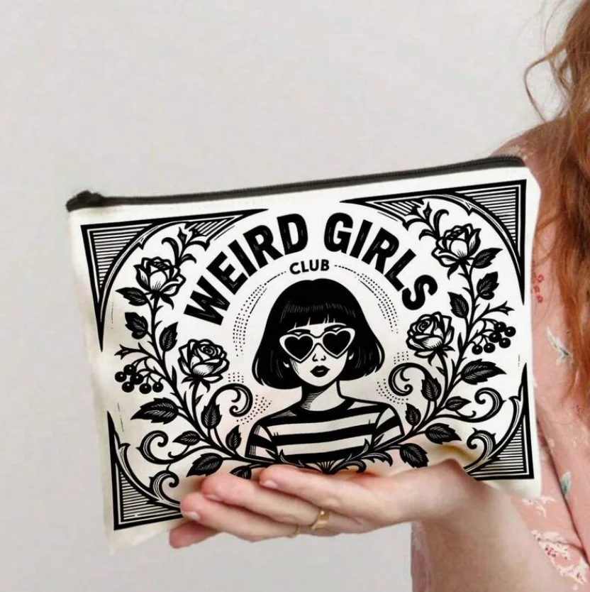 Strange Girl Club Retro Makeup and Toiletry Bag   Vintage Gothic Women's Empowerment Design for Daily Makeup and Toiletry Needs