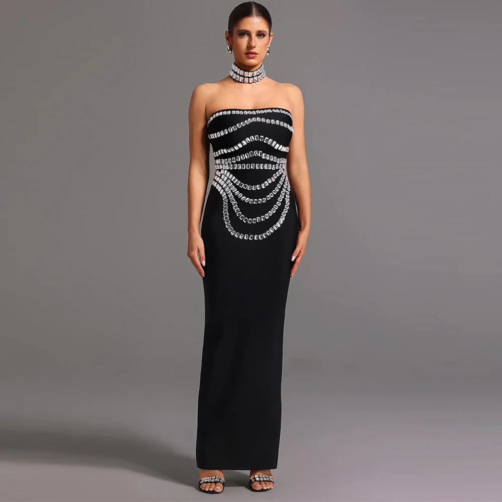 

Strapless Mermaid SleevelessEvening Dress Customized Sparkly Crystal Celebrity Gowns Formal Black Ankle Length Prom Dress