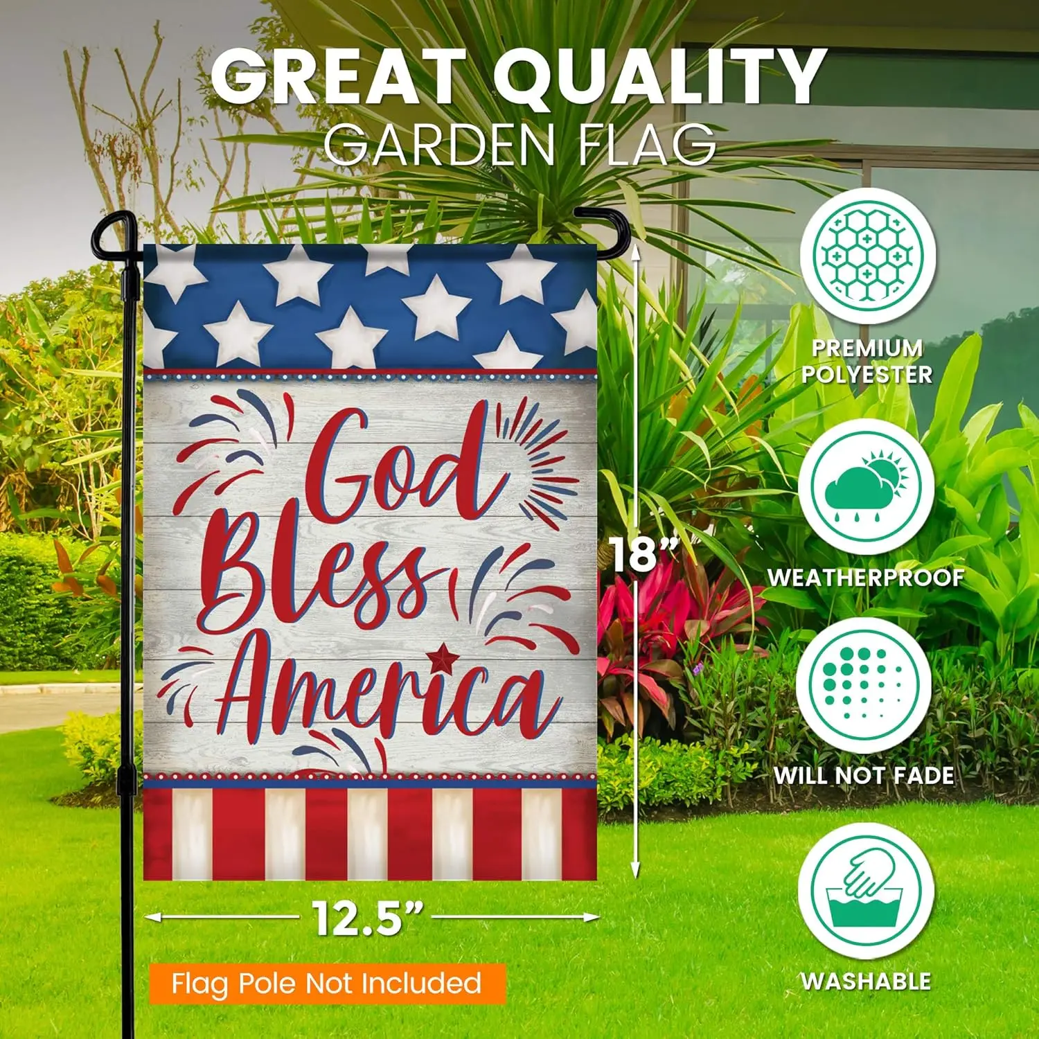 4th of July Garden Flag- 12.5 X 18 inch Double-Sided Printing God Bless America Banner- Memorial Day Outdoor Decor for House Por