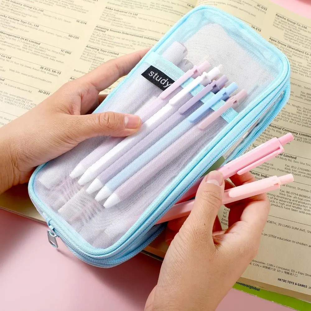 Large Grid Transparent Pencil case Clear Large Capacity Mesh Pencil Case Exam Special Multi-Purpose Travel Makeup Bag