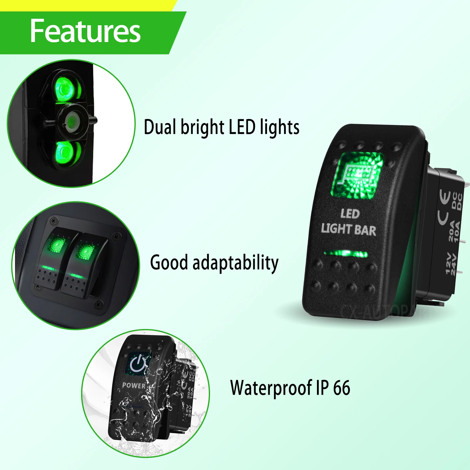 12V/24V Marine Rocker Switch Green LED SPST ON-OFF & DPDT ON-OFF-ON Momentary Toggle for 4x4 Off-Road RZR ATV ARB Carling Style