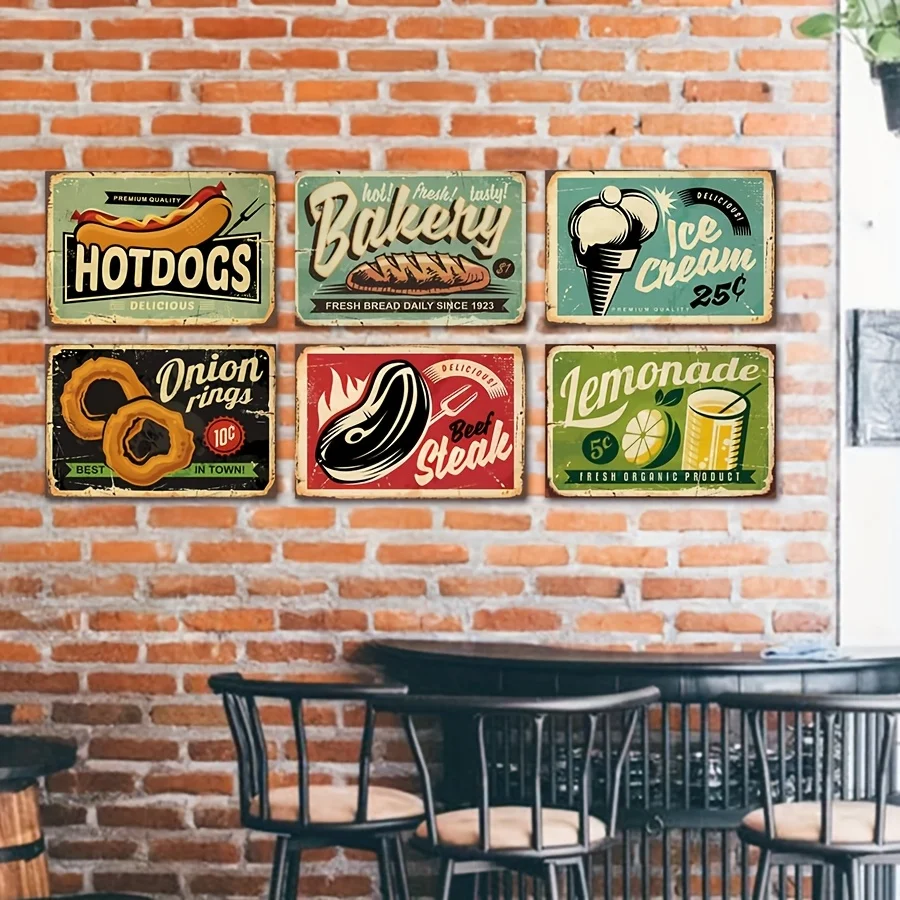 

6 шт., винтажные металлические жестяные вывески, старомодный декор ресторана быстрого питания, ретро жестяные вывески, театр, ресторан, отель, бар, стена, декабрь