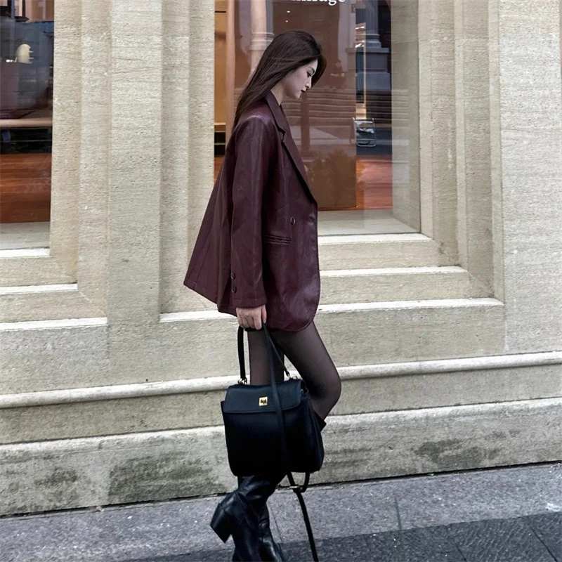 Red Suit, Leather Jacket, Women's Spring and Autumn American Retro Fashion, High-end Feeling, Loose PU Leather Jacket, Fashion 3