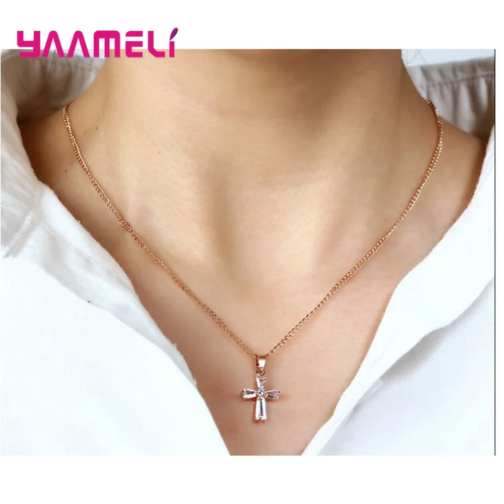 Original 925 Sterling Silver Women Men Necklace Shining Cubic Zirconia Paved Cross Pendant/Chain Wedding Party Accessories