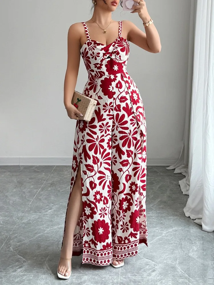

Ladies' spring and summer temperament outfit, printed suspender, backless, wide leg, split one-piece pants