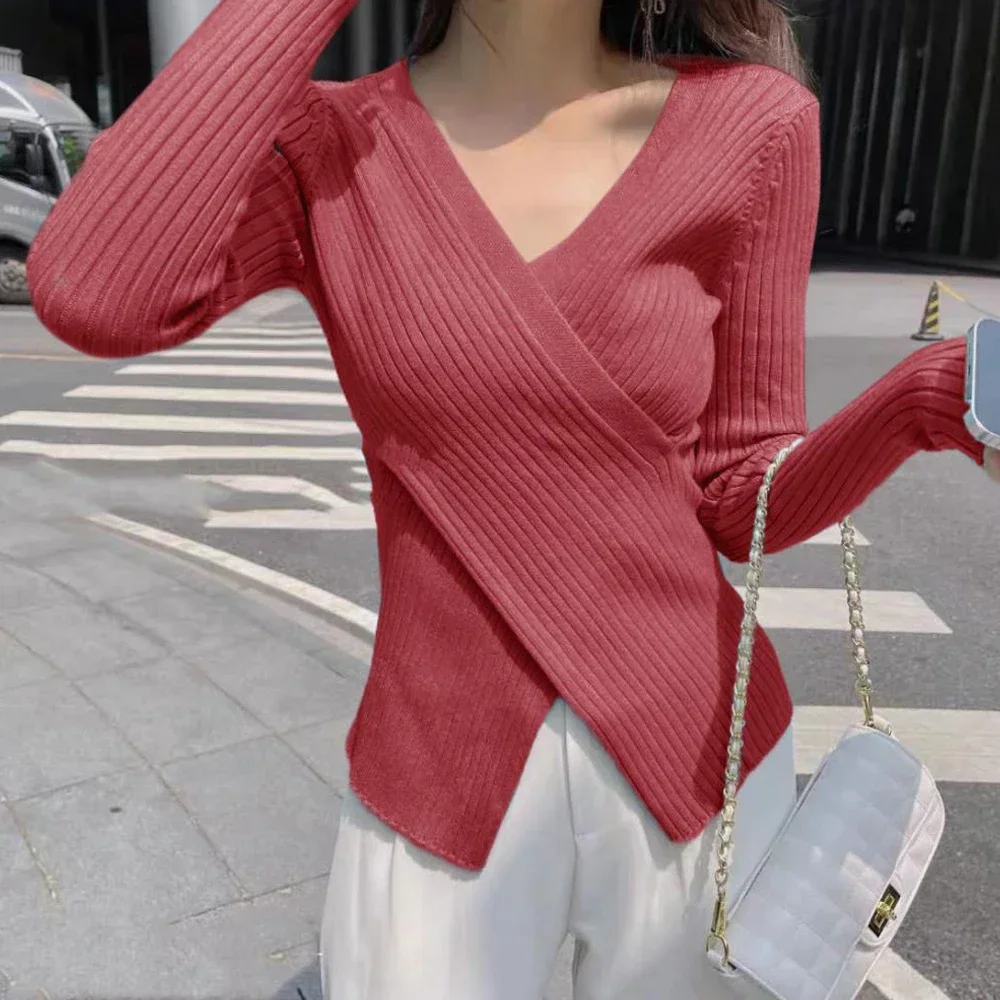 

Women Criss-cross Long Sleeved V-neck Knitted Sweater Girl Orange Khaki Yellow Long-Sleeved Sweaters Women Slim Pullover Tops