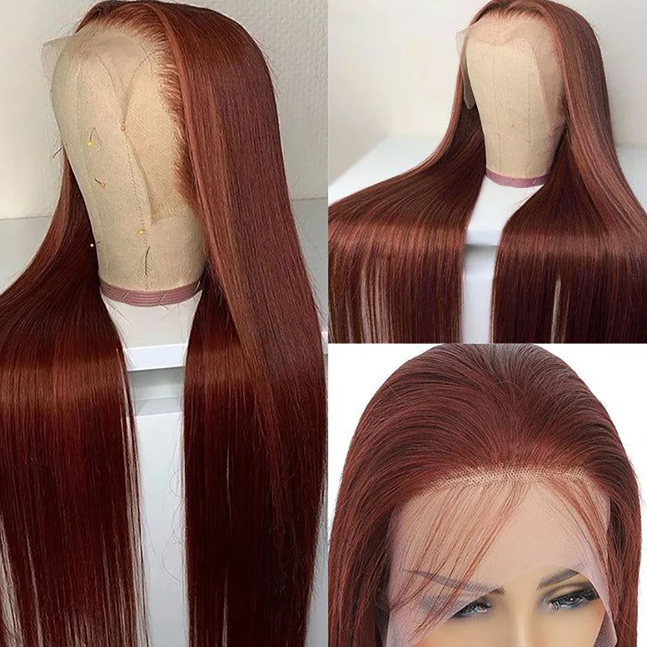 Perucas dianteiras do laço reto marrom avermelhado, cabelo humano, peruca frontal, pré-arrancado, brasileiro, vermelho escuro, completo, 13x6, 13x4