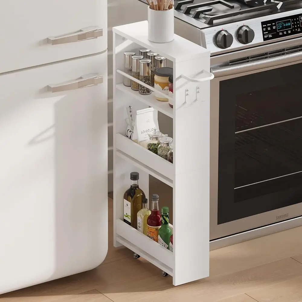 

4-уровневая тележка для хранения в ванной комнате, узкий шкафчик шириной 5,5 дюймов с поворотом на 360 градусов ° Колесики и 2 крючка, компактный органайзер или набор для экономии места