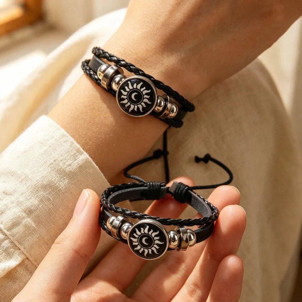 Luminous Sun Moon Black Braided Couple Bracelet Adjustable Romantic Friendship Bracelet Birthday Gift for Lovers