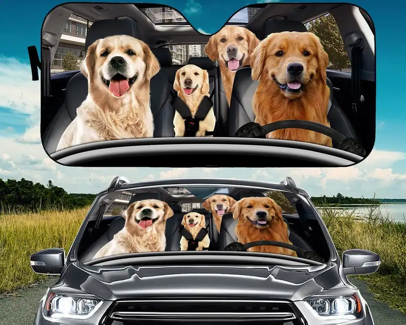 

Golden Retriever Family Driving Car Sunshade, Dogs Auto Sun Shade, Car Auto Sun Shade, Car Windshield, Car Accessories, gift for