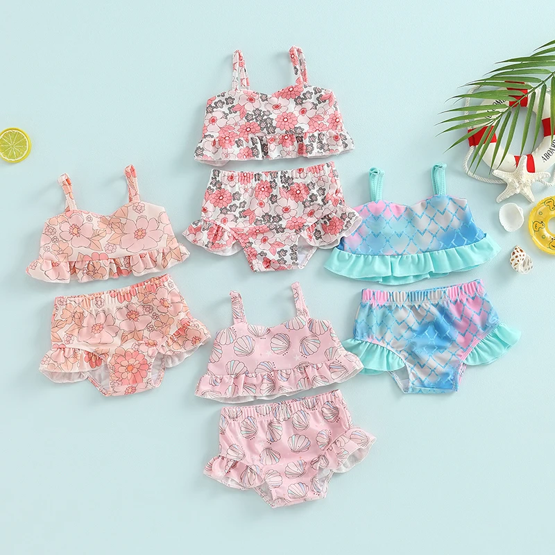2Pcs Baby Girls Bikini Set Swimsuit Sleeveless Off Shoulder Tank Top Ruffled Shorts Beach Swiming Pool Swimwear Bathing Suit