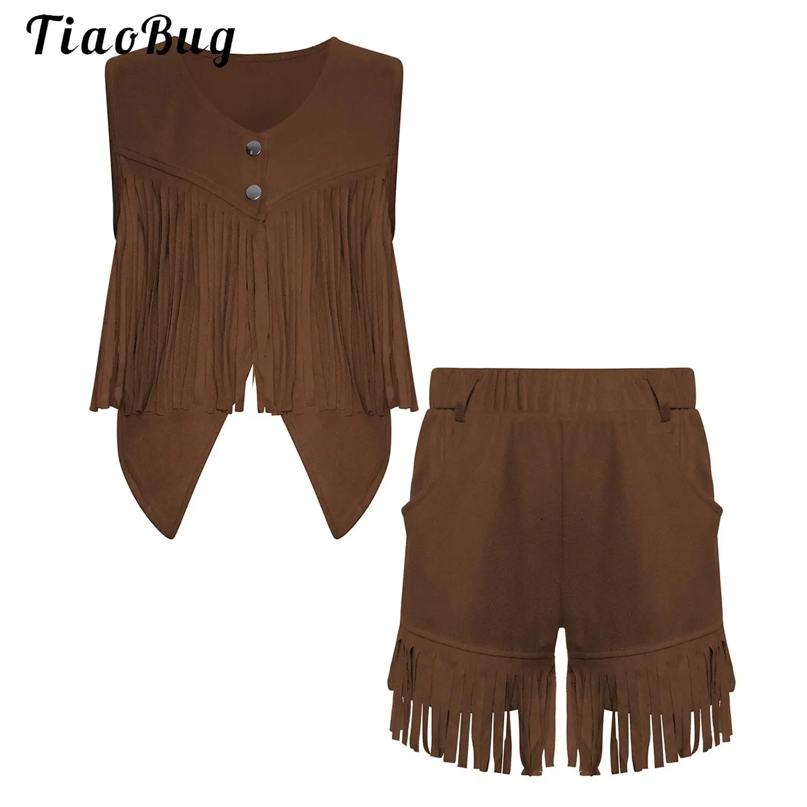 Kids Girls Boys Cowgirl Cowboy Costume Sleeveless Faux Suede Fringe Vest with Shorts Pockets Halloween Stage Performance Outfits