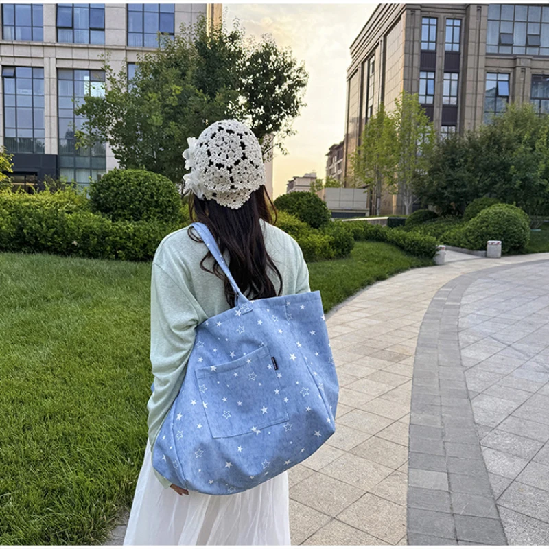 Koreanische Tragetasche mit Sterndruck, Damen-Shopper-Schultertasche, geräumige Handtasche für den täglichen Gebrauch, einfarbig, vielseitig, minimalistisch – Detail 30