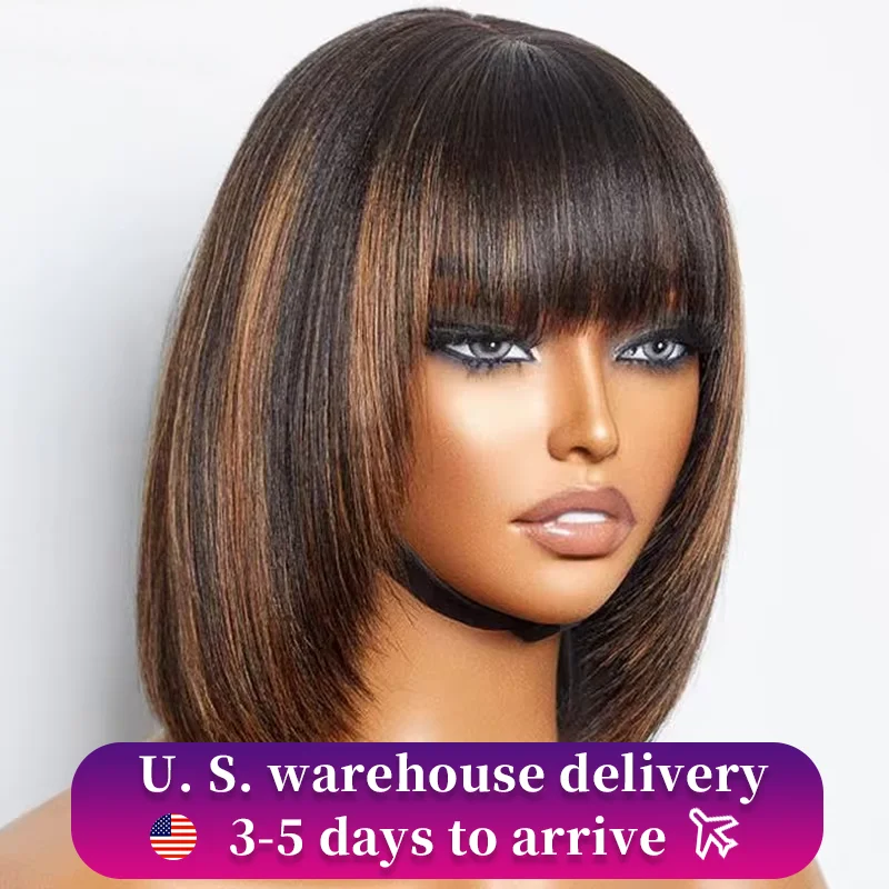 Highlight Blonde Short BOB 3x1 Lace Glueless Human Hair Wig Ready To Go Brazilian 1b/30 Straight Bob Bone With Bangs For Women