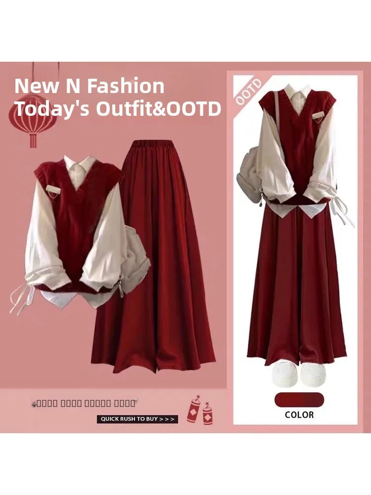 

Новогодний комплект, корейский красный вязаный свитер, жилет, свободный многослойный комплект, два комплекта, коледжный военный халат, ансамбль Faion для женщин