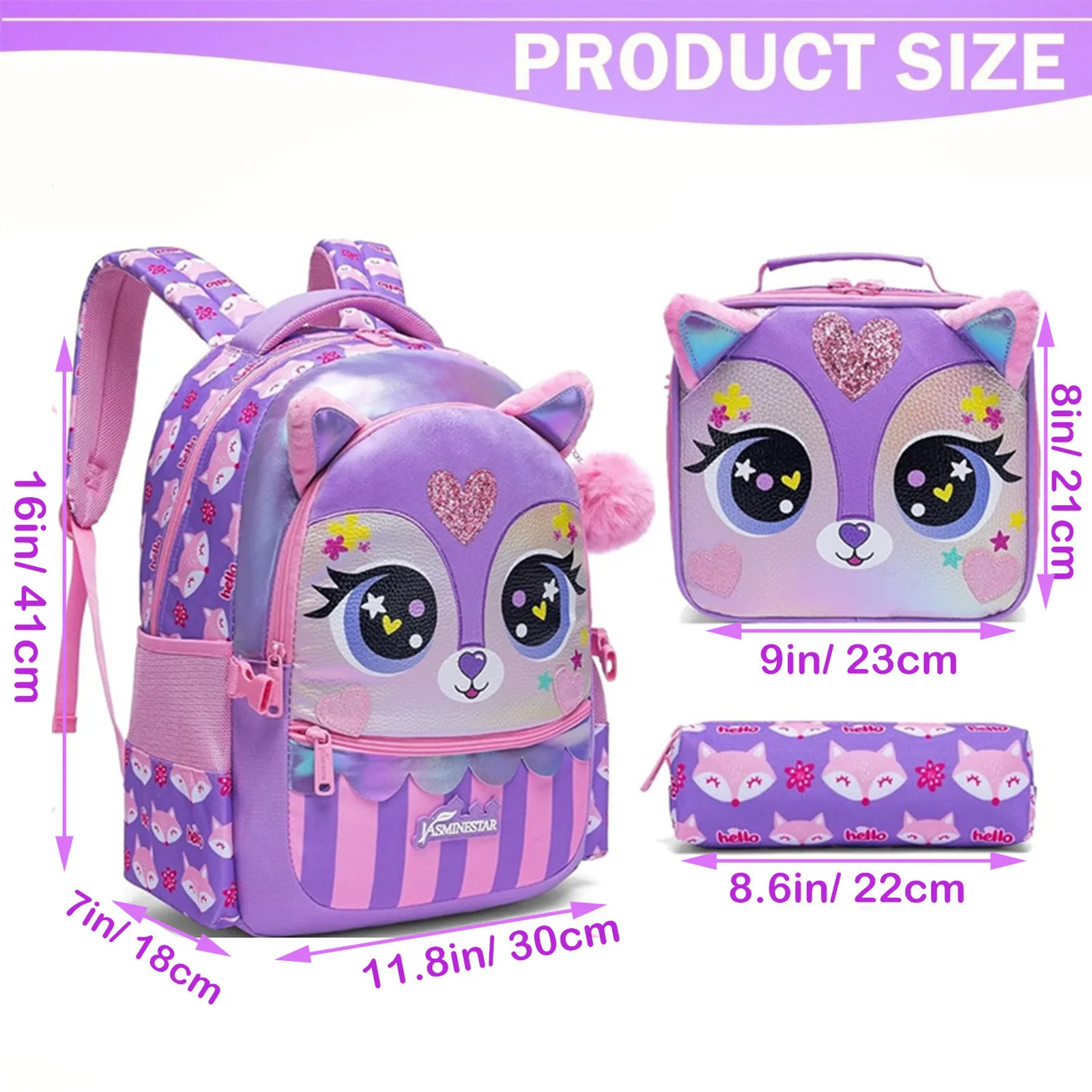 3PCS Kids Backpack Set for Girl Cute Animal School Bag Kawaii Primary Student Backpack Lightweight Bookbag for Elementary School