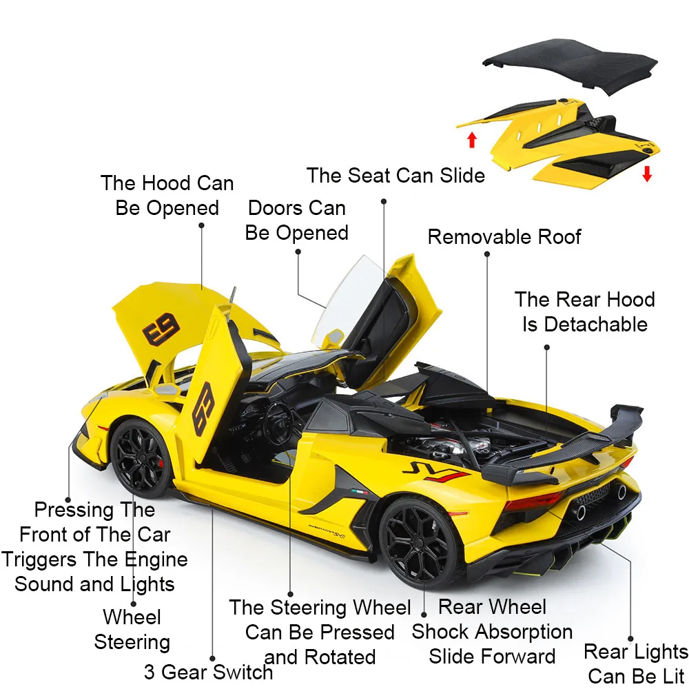 Modelo de coche Revuelto SVJ63 de tamaño 1:18, puertas de juguete, modelos abiertos de absorción de impacto, coches deportivos de Metal fundido a presión, juguetes, regalos para niños