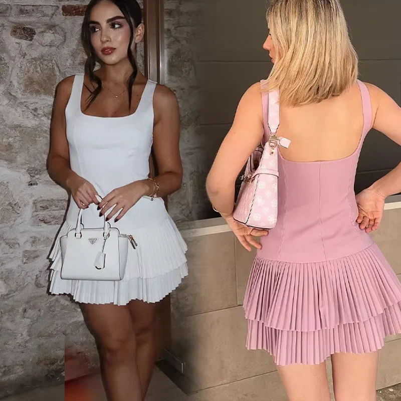 2025 Mujer Chic High Street Slim Vestidos de playa vestido plisado mujeres verano cuello cuadrado blanco sin mangas Mini vestido