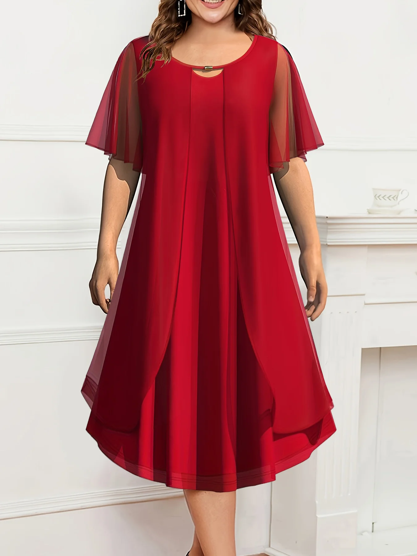 Plus Size Summer Women Dress Mesh Chiffon Tired Solid Elegant Casual A-Line Short Sleeve Midi Dress Fashion Office Lady Dresses