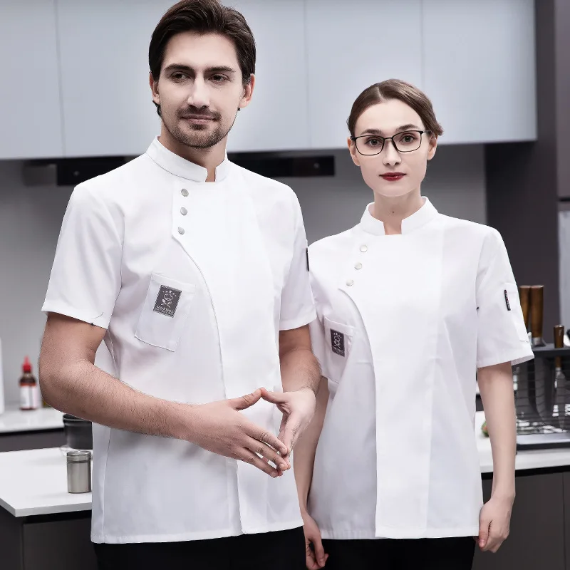Men Chef Short Sleeve Uniform Kitchen Shirt Restaurant Cooking Coat  Bakery Breathable Cook Jackets Food Catering Cafe Workwear