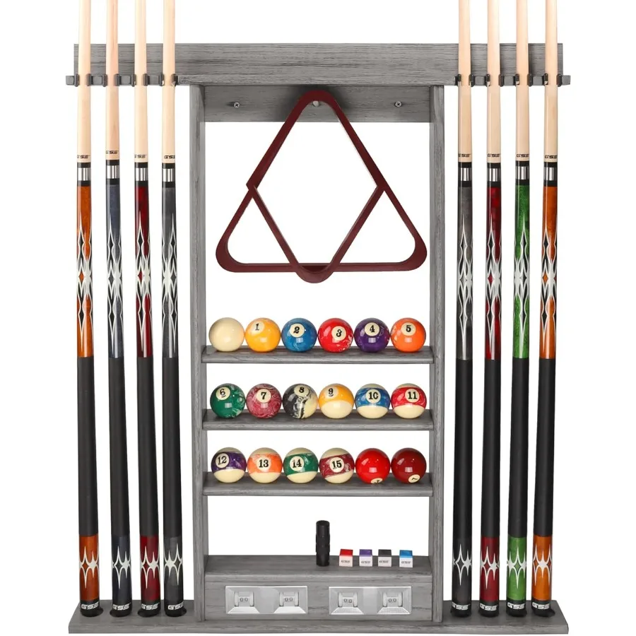 

Wall Mount Rack for Cue Sticks and Balls Metal Gray Holds 6/8 Cues 2 Ball Racks and Full Set of Balls Durable Hanging Design