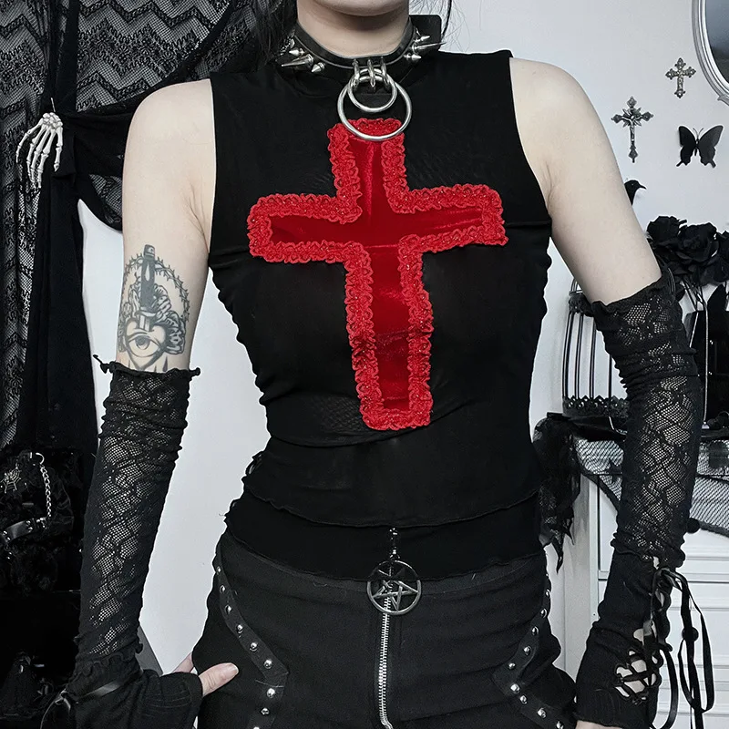 European American Style Dark Goth Sexy Low-cut Short Hot Girl Red Series Cool Spicy Girl Niche Chic Suspender Small Vest Woman