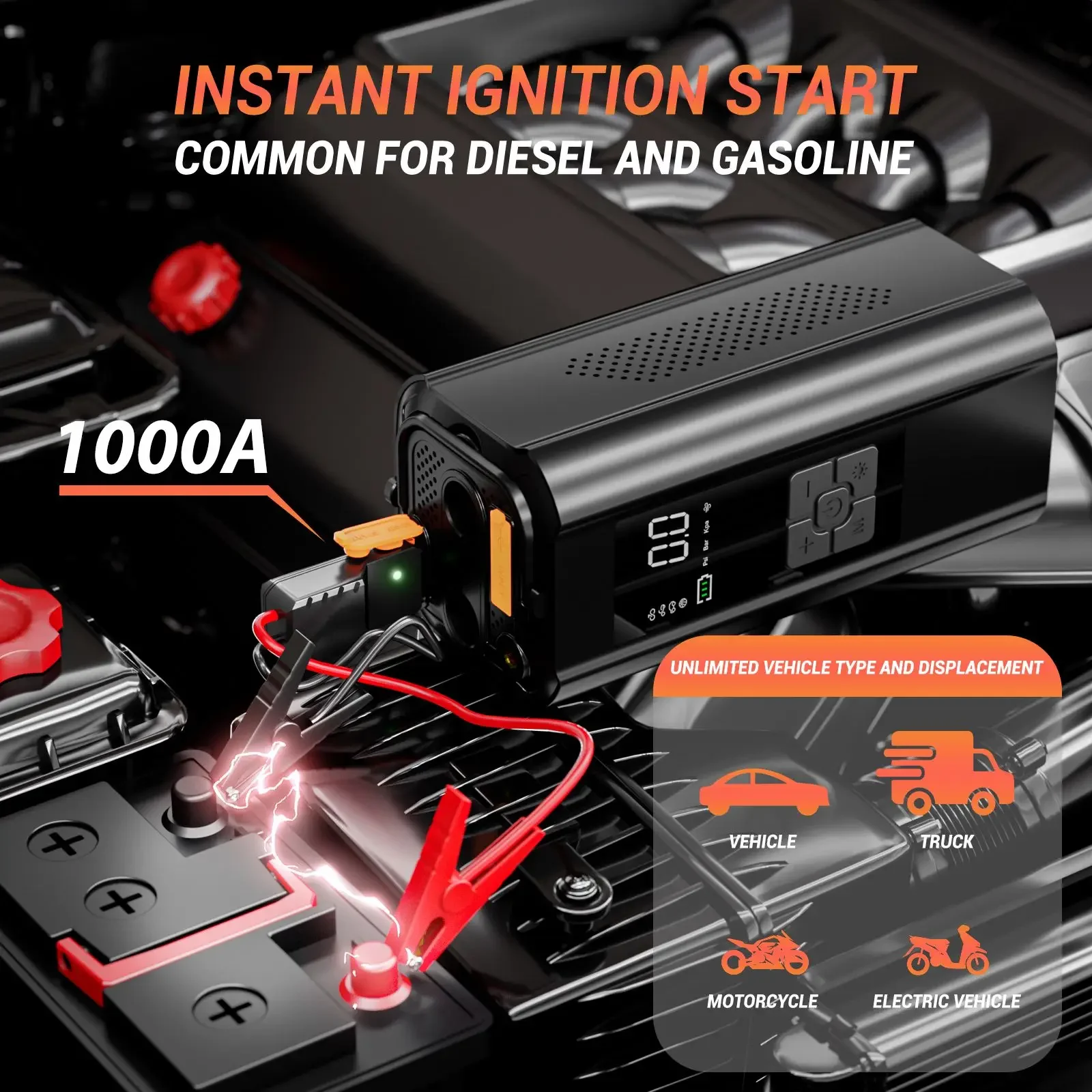 New lunching air pump wireless handheld  portable compressor cylinder tyre inflators car jump starter with power ban