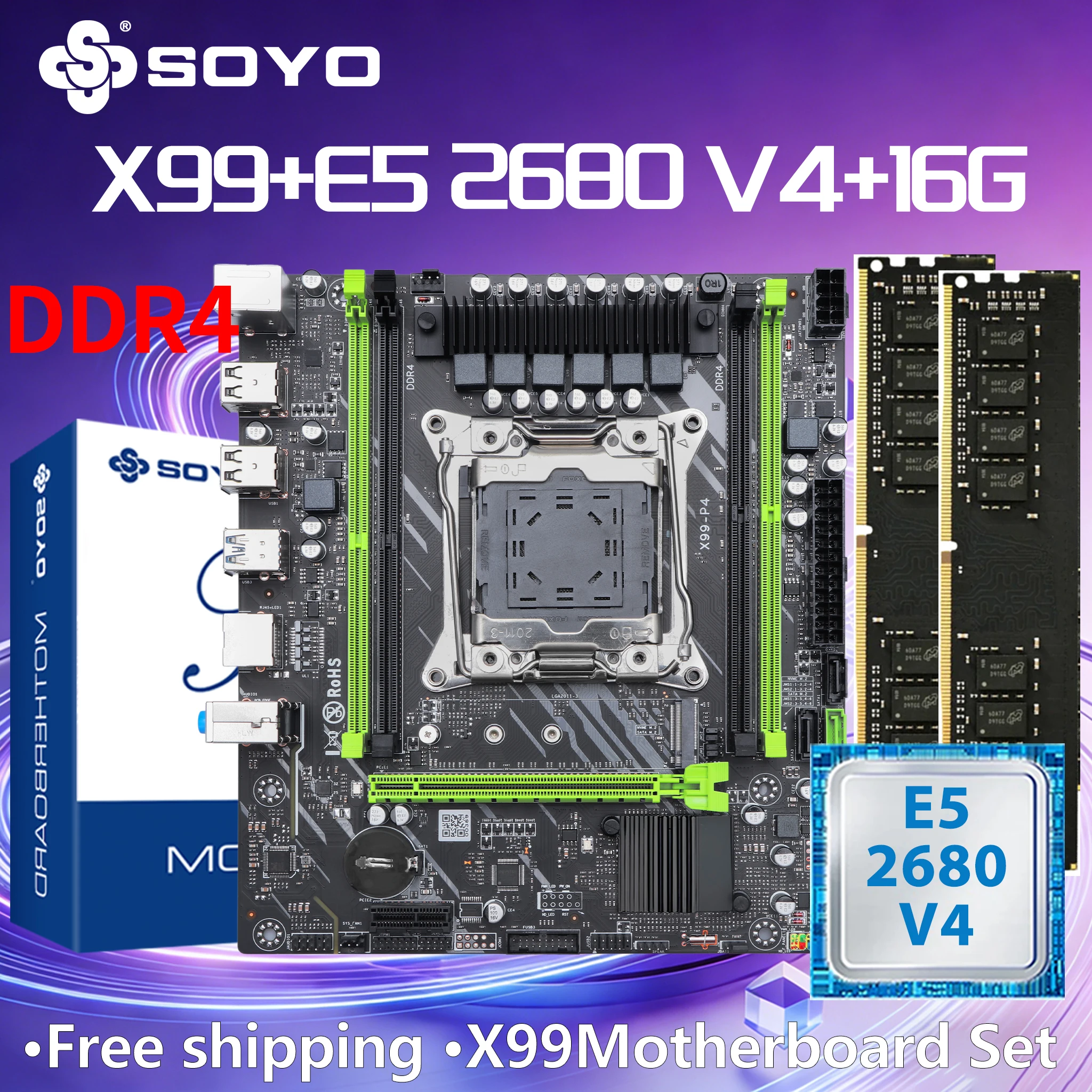 Gaming Motherboard Dual SOYO X99 BSF C612 Intel Kit Xeon E5 2680 V4 CPU DDR4 RAM 16G Computer TPM2.0 SATA3.0 LGA2011-3