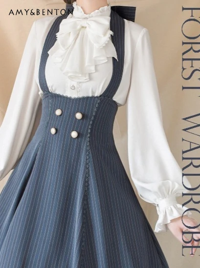 

Оригинальная весенне-осенняя элегантная рубашка с длинным рукавом в стиле Лолиты, классическая женская рубашка во французском стиле с галстуком-бабочкой и отложным воротником