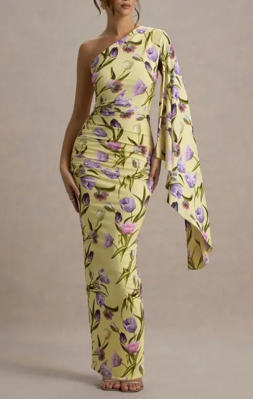 

Summer Slant Neck Irregular Wrinkle Dress Women's Elegant Flower Print Single Shoulder Cape Sleeve Wrapped Hip Dress