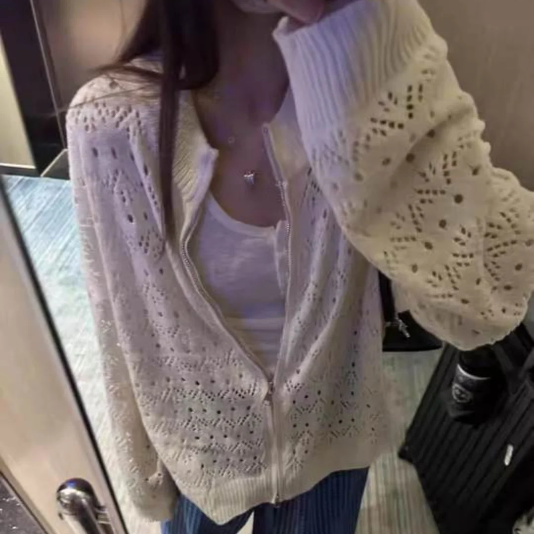 

Autumn Korean style hollow hook flower double zipper women's coat loose knitted thin cardigan top