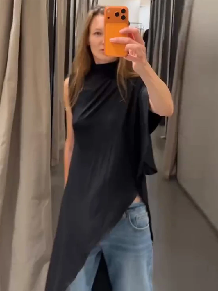 Casual Irregular Long Top Women All-match Solid Sleeveless High Collar Split Tops Female 2026 Fashion Summer Autumn Lady Vests