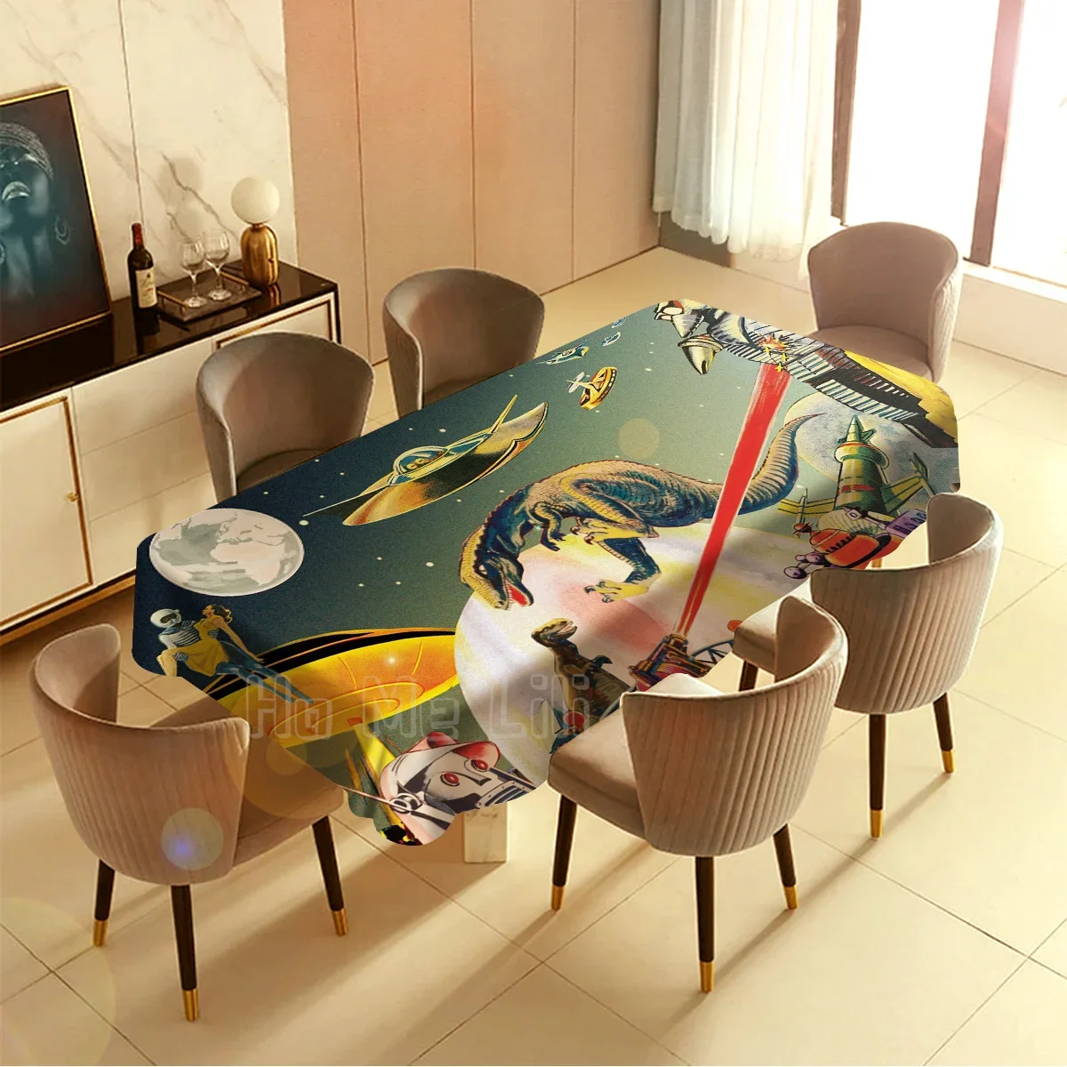 Science Fiction World Rectangle Tablecloth By Ho Me Lili Dinosaur Flying Saucer Robert Time Machine Imagination Future Art