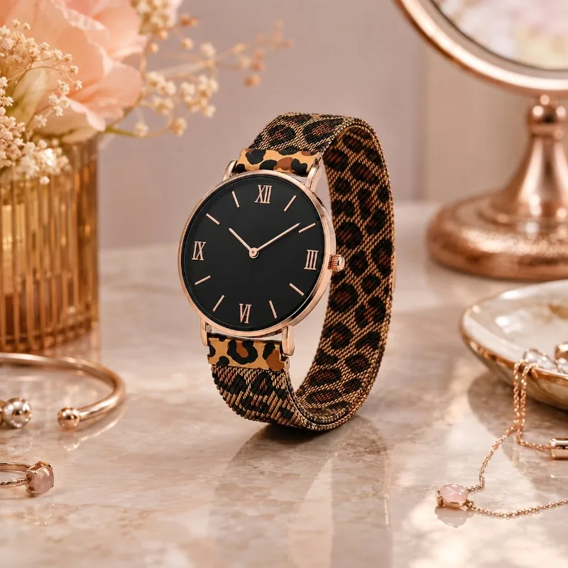 New Fashion Women Watch Simple Rose Gold Case Roman Numeral Dial Leopard Pattern Nylon Mesh Band Ladies Quartz Clock Reloj Mujer