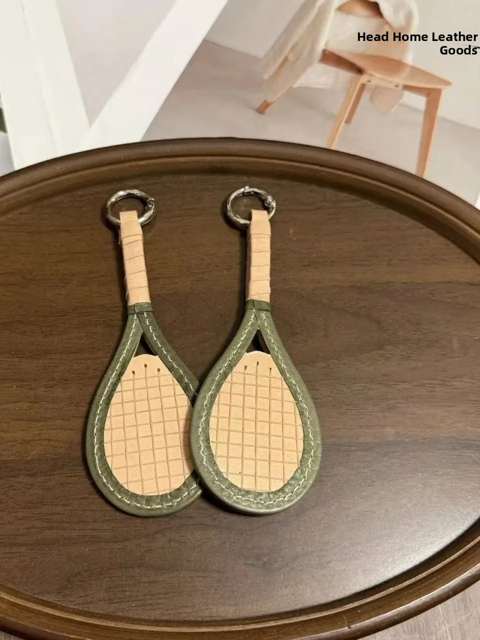 Handmade Leather Badminton Tennis Racket Keychain Couple Hanging Decoration Leather Goods Accessories Memorial Gift