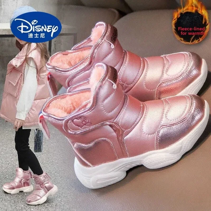 Botas de neve para meninas estilo coreano Disney 2025 |   Botas de inverno de cano médio forradas de pelúcia, botas de moda quentes, sapatos casuais infantis