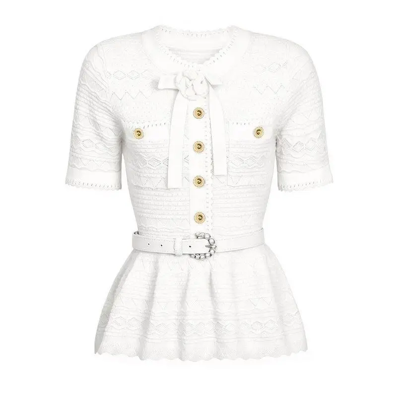 Elegant Pearl Detail Slim Fit Short Sleeve T-Shirt Knitted Summer New Style Women's Fashion Classic Top Quality Yarn Fiber