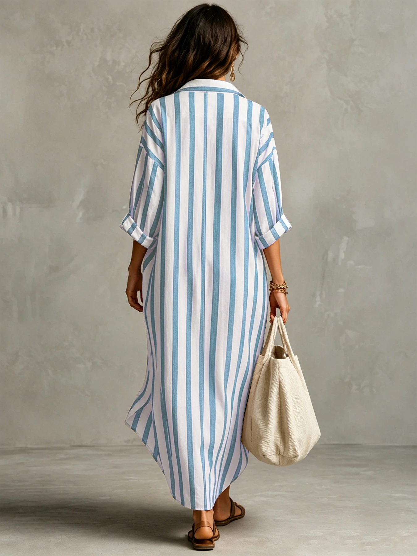 Damen Langes Gestreiftes Hemdkleid V-Ausschnitt Locker Lässig Sommer Urlaub Mode Europäischer und Amerikanischer Grenzüberschreitender Stil – Detail 7