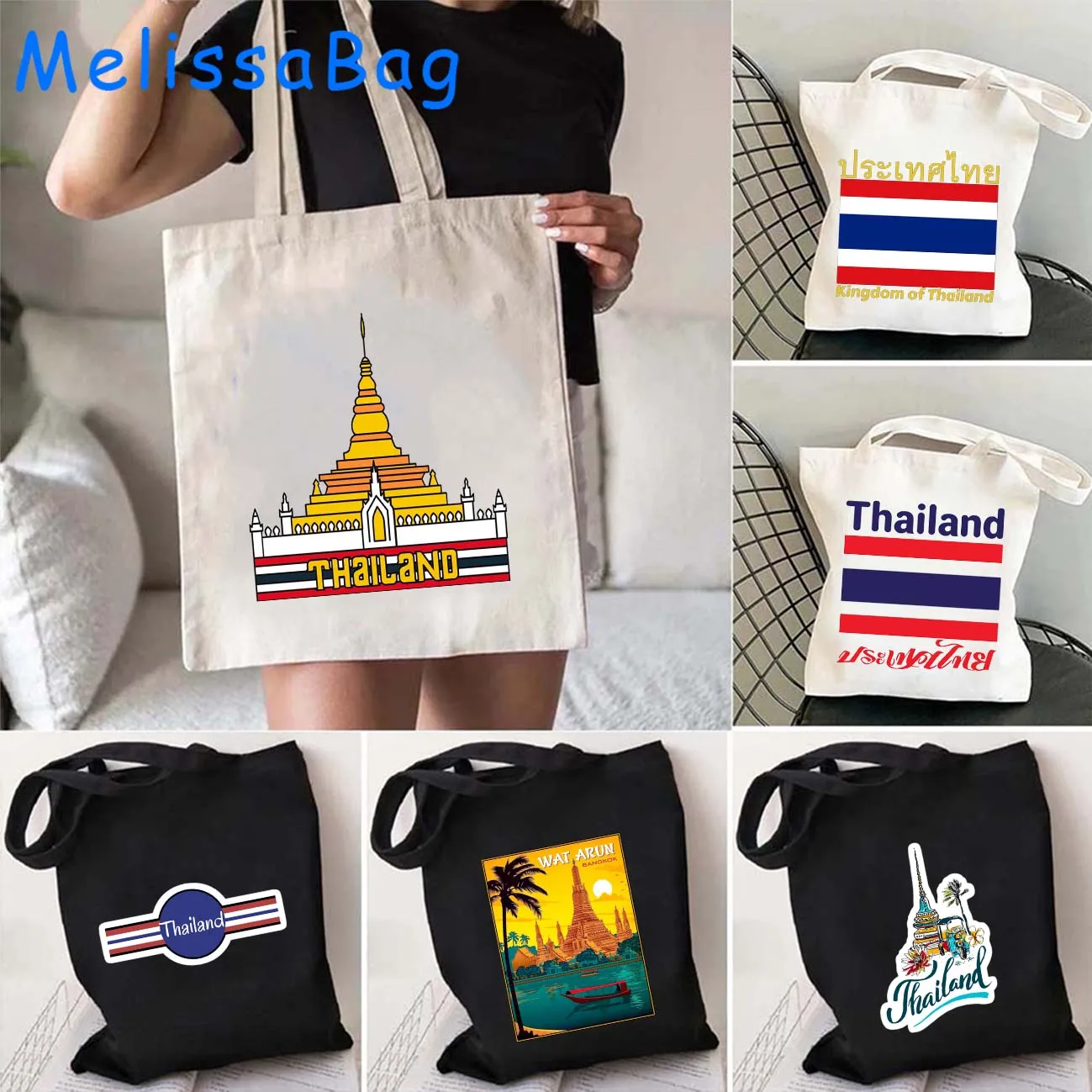 BANGKOK PHUKET Thailand Flag GRAPHIC Wat Arun Temple of Dawn Gift Women Canvas Shoulder Tote Bag Harajuku Shopper Cotton Handbag