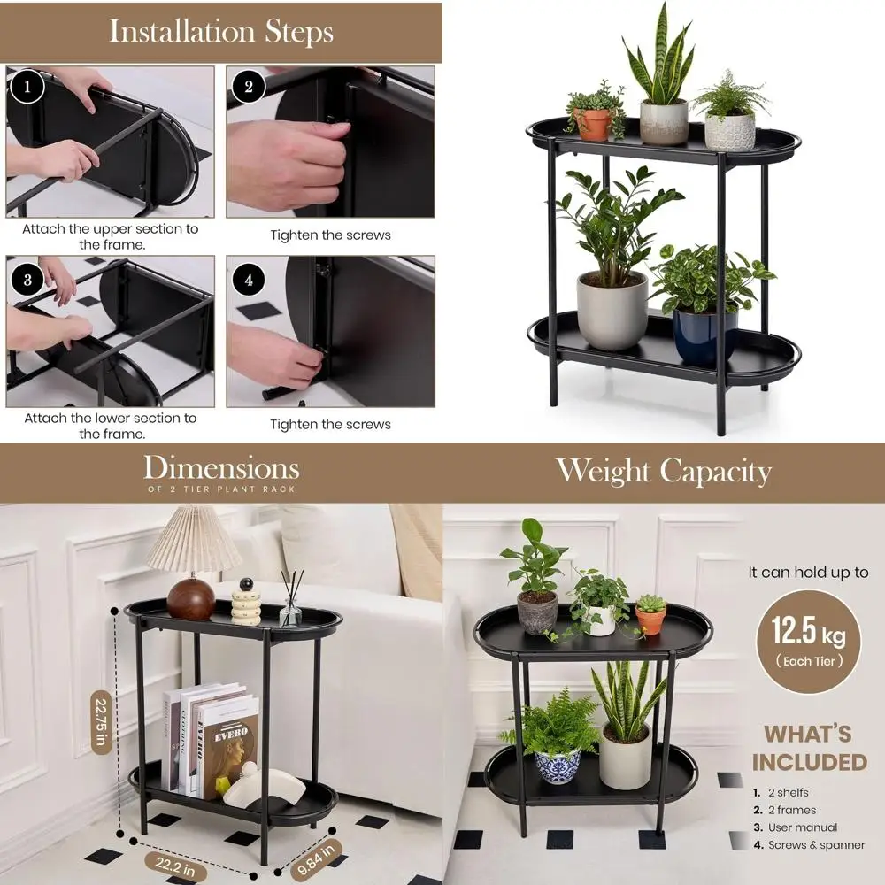 

Stylish Black 2-Shelf Plant Stand - Indoor/Outdoor Oval Tray Rack for Space-Saving Storage and Decor