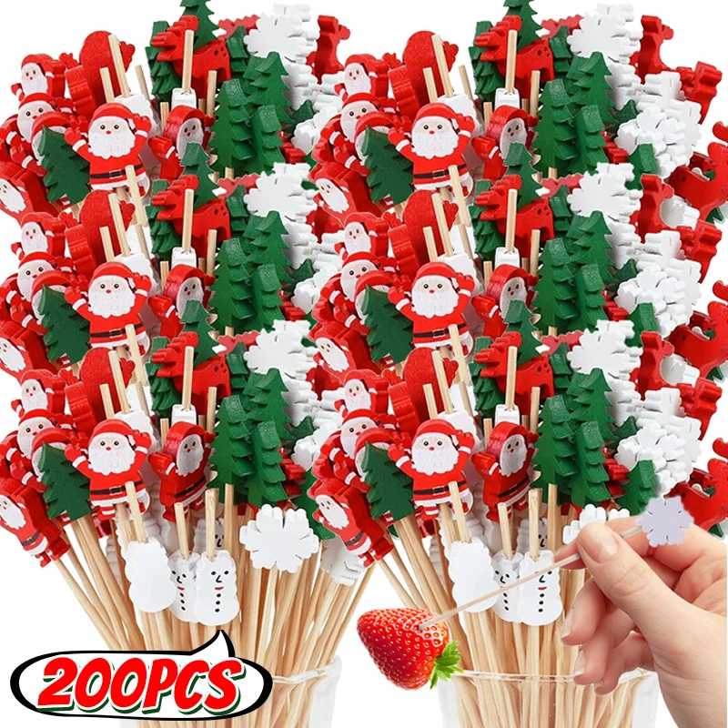 Mini Disposable Christmas Fruit Sticks Santa Claus Bamboo Skewers Pick Buffet Cupcake Fork Toothpicks Xmas Party Home Ornaments