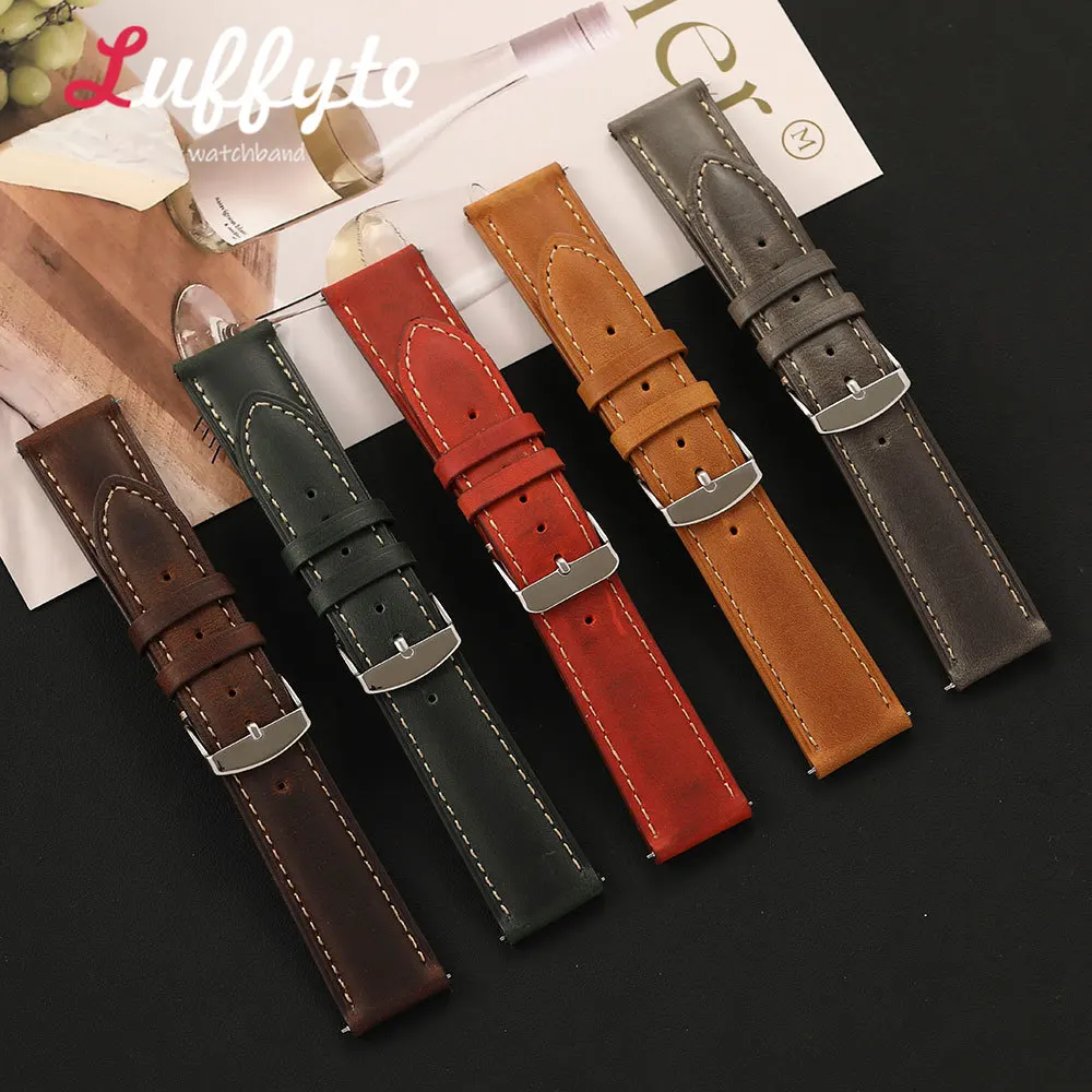 Multi-Color Men's Crazy Horse Genuine Leather Watch Straps with Quick Release Pins 18/20/22mm Fashion Watch Band