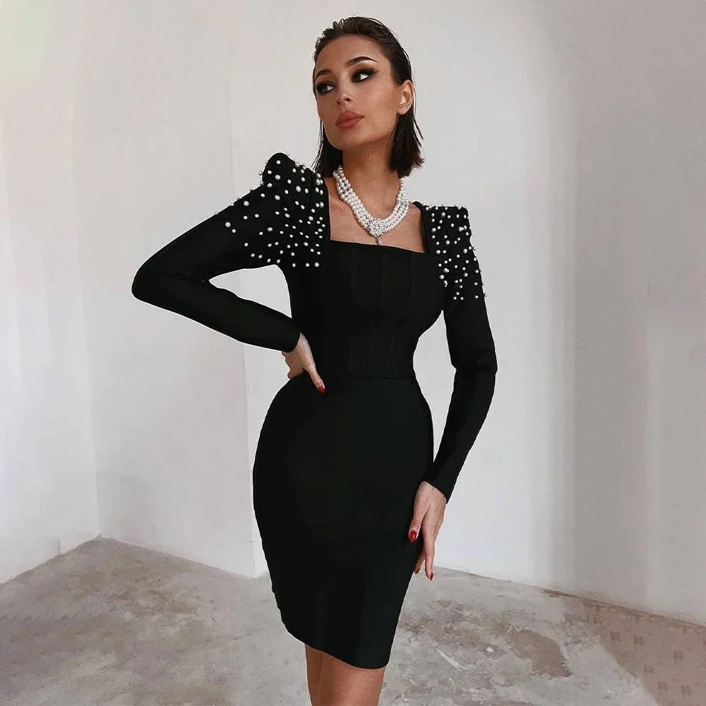 

Black Jersey Cocktail Dresses Mini Pearls Square Collar Long Sleeves Cocktail Gown Short Sheath Birthday Party Dress Custom Made