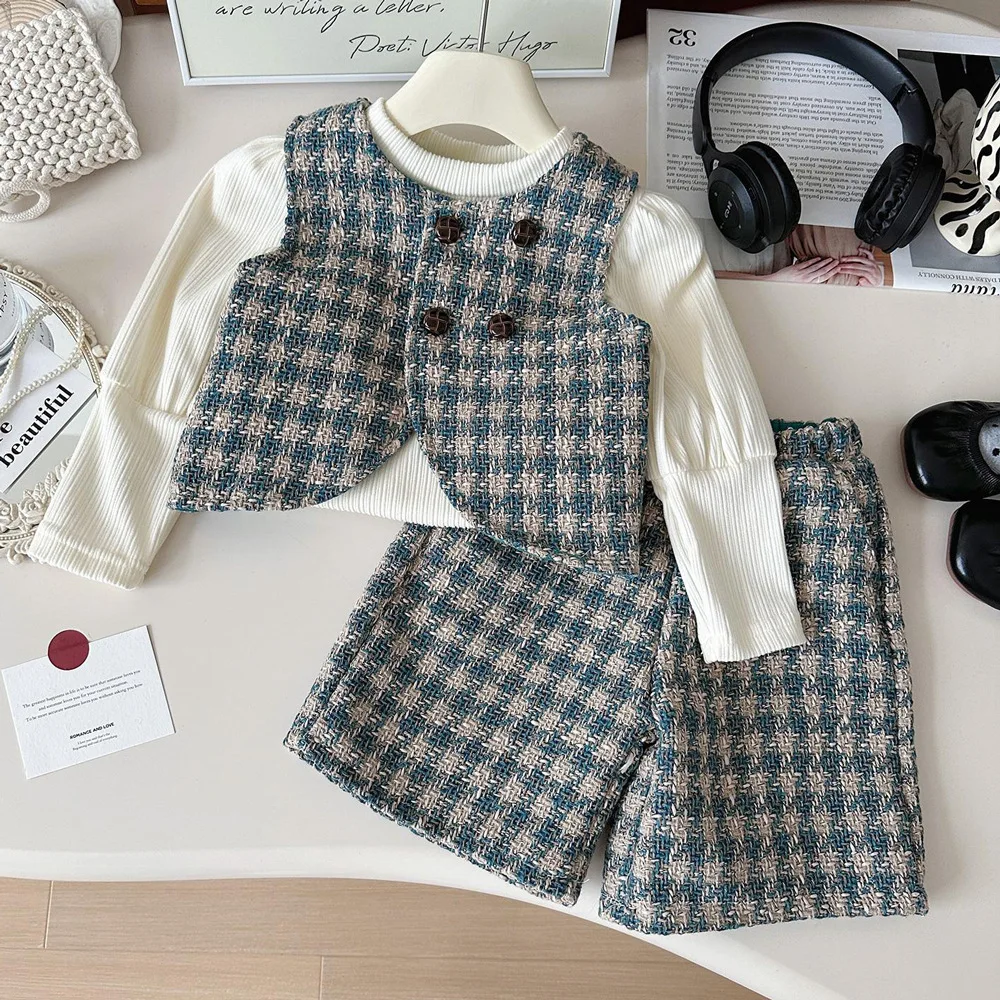 

2025 New Autumn Girls 3-Piece Suit Kids Tweed Vest + Tops + Shorts Sets Plaid Korean Style Children's Clothing Baby Girl Outfit