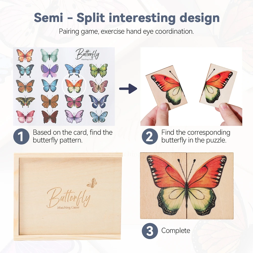 Drewniane puzzle dla niemowląt, zabawki edukacyjne, kreskówkowy motyl, gra dopasowująca, kolorowe obrazki dla niemowląt, zabawka poznawcza, wczesna edukacja dla noworodków.