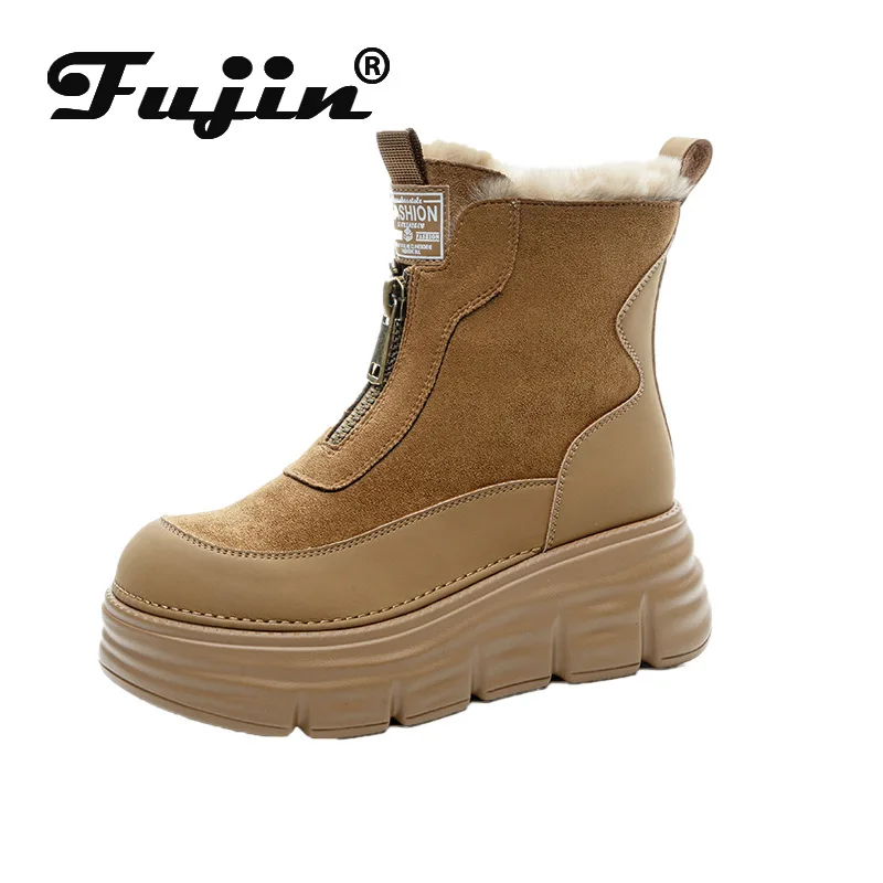 Fujin 6 سنتيمتر 2 بوصة منصة كعب النساء الثلوج الأحذية جلد الغزال حذاء من الجلد الجوارب مقاوم للماء مريحة الشتاء الدافئ الجوارب